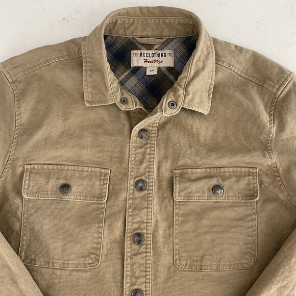 The B.C. Clothing Co Heritage Snap Up Collared Neutral Cotton Shirt Jacket Tan S - Picture 3 of 11